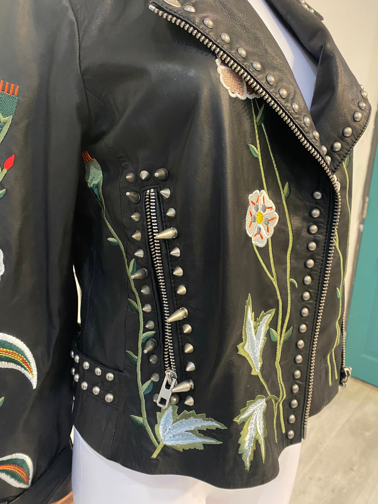 Topshop Black Leather Jacket with Floral Embroidery and Studs Size 8