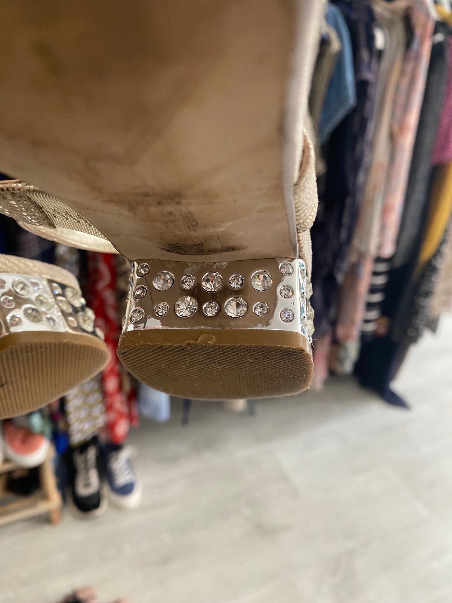 Dune Gold Shimmer Ninah Sandals with Diamante Block Heels Size 6