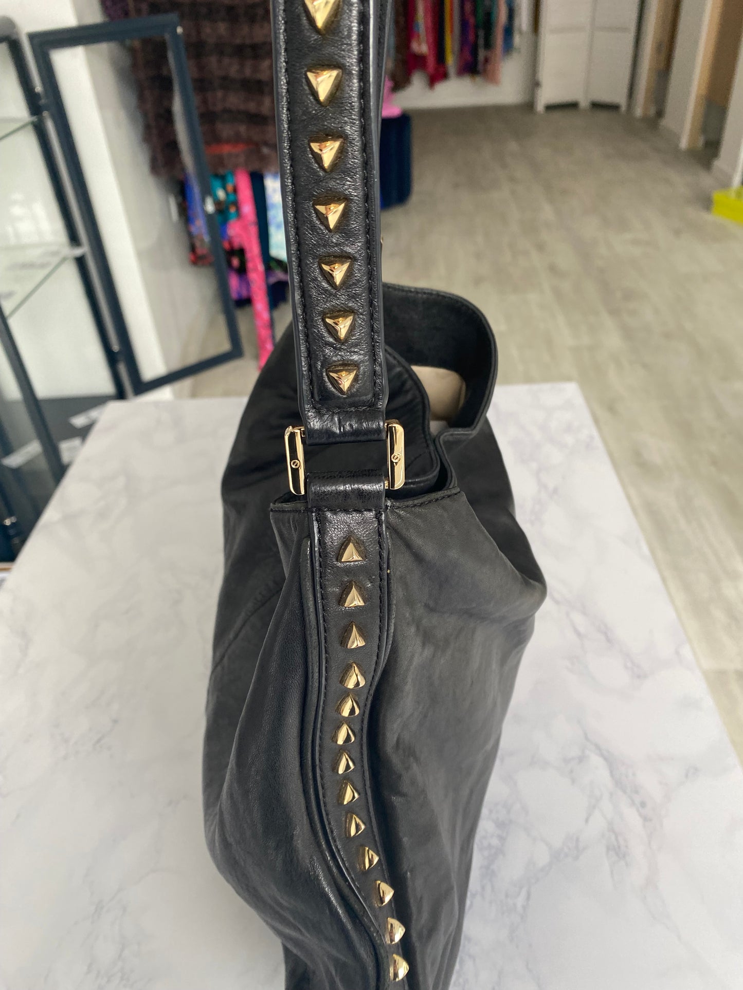 Tory Burch Black Leather Studded Hobo Handbag