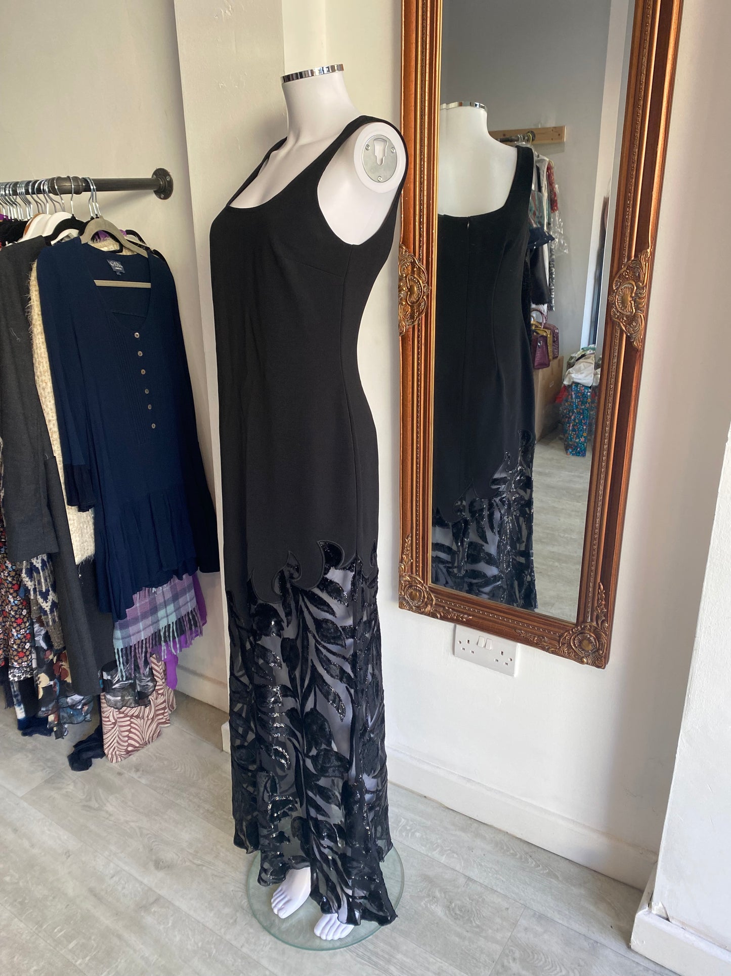 Joseph Ribkoff Black Dress with Asymmetric Mesh Panel Size 10