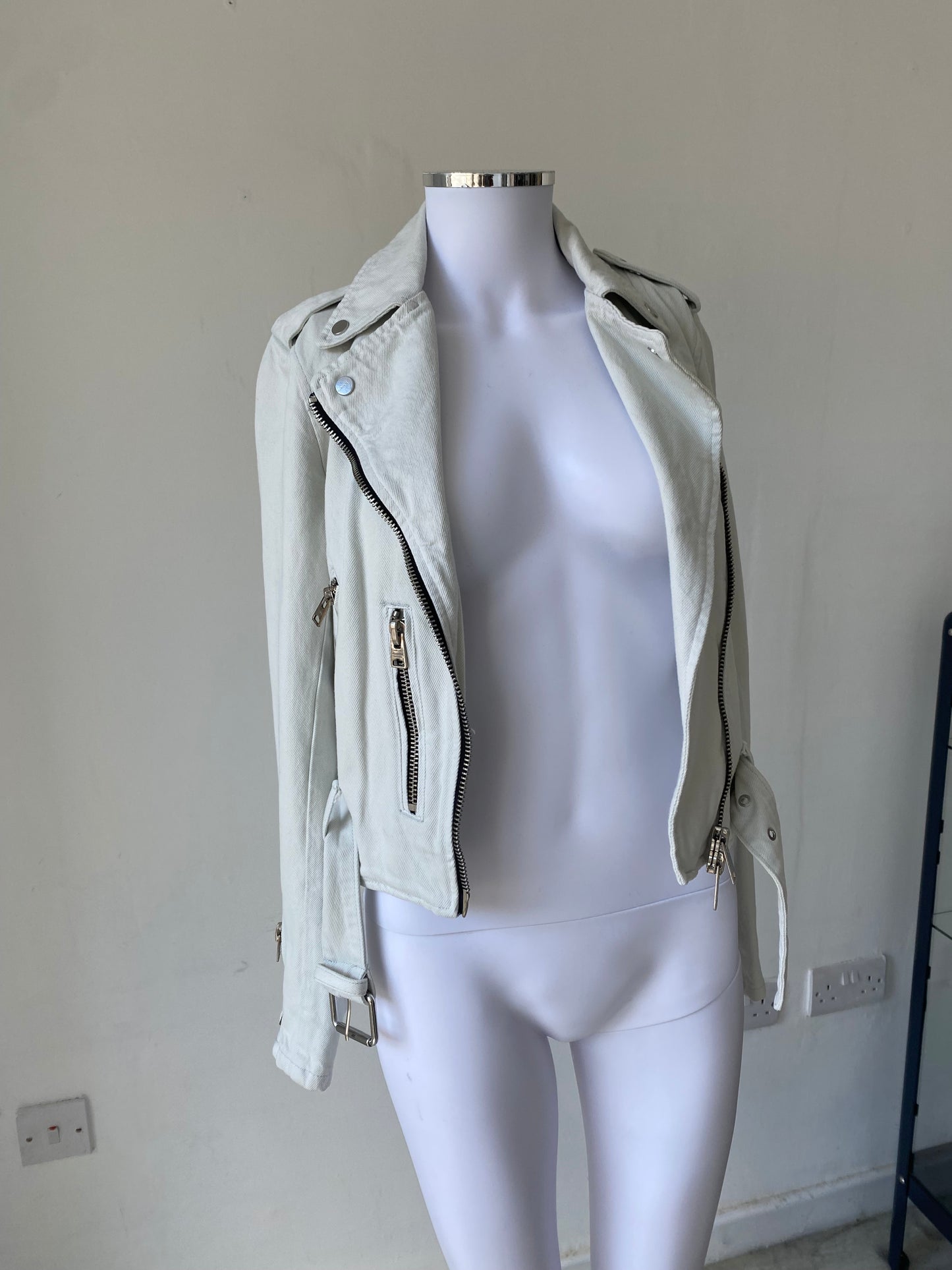 All Saints White Denim Biker Jacket Size 6