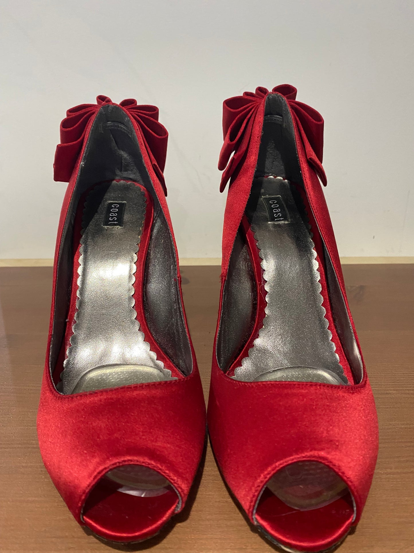 Coast Red Satin Heels with Bow Backs Size 6 with dustbag and box