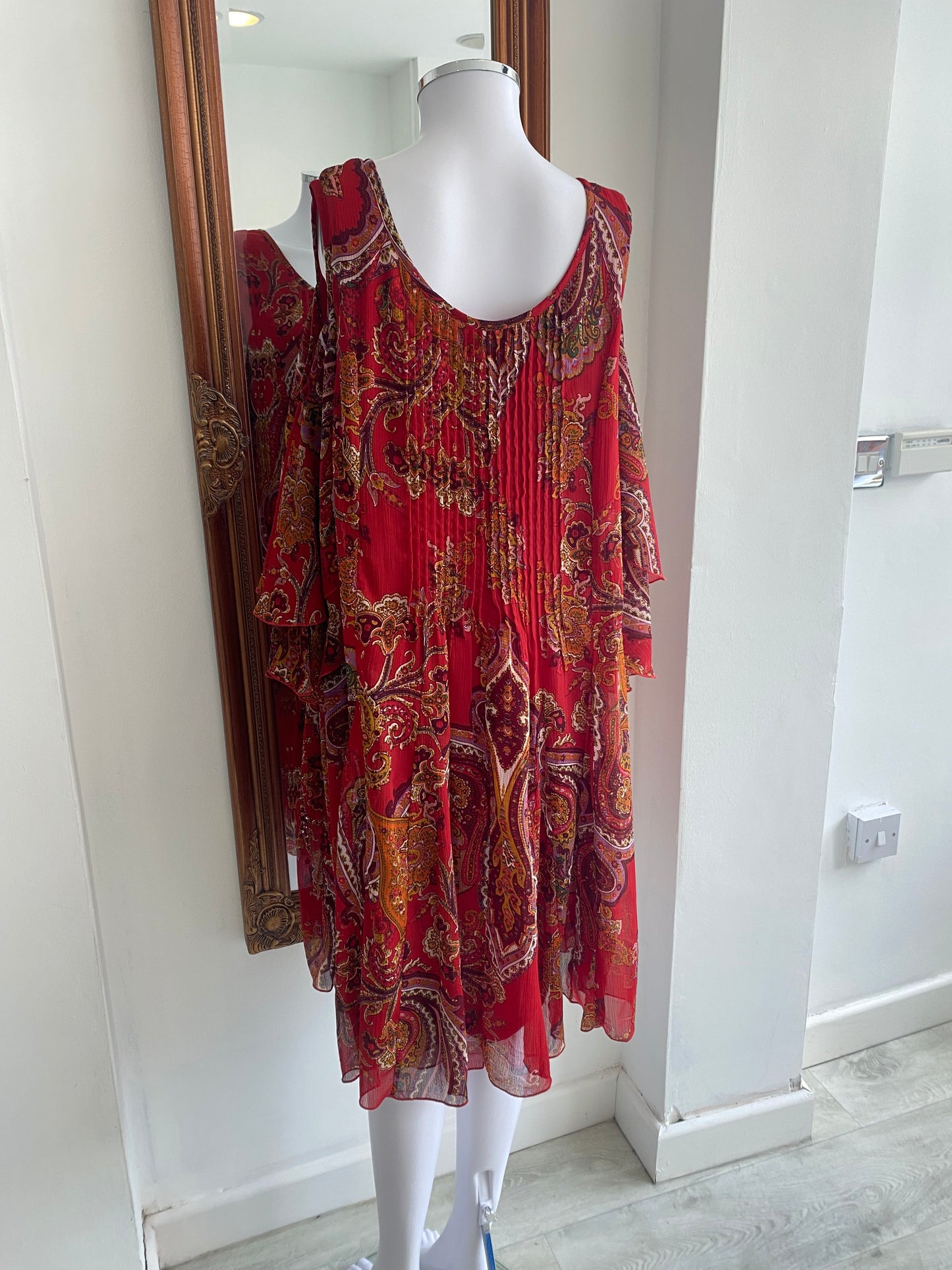 Niza Red Floral Print Dress with Cold Shoulder Size 14