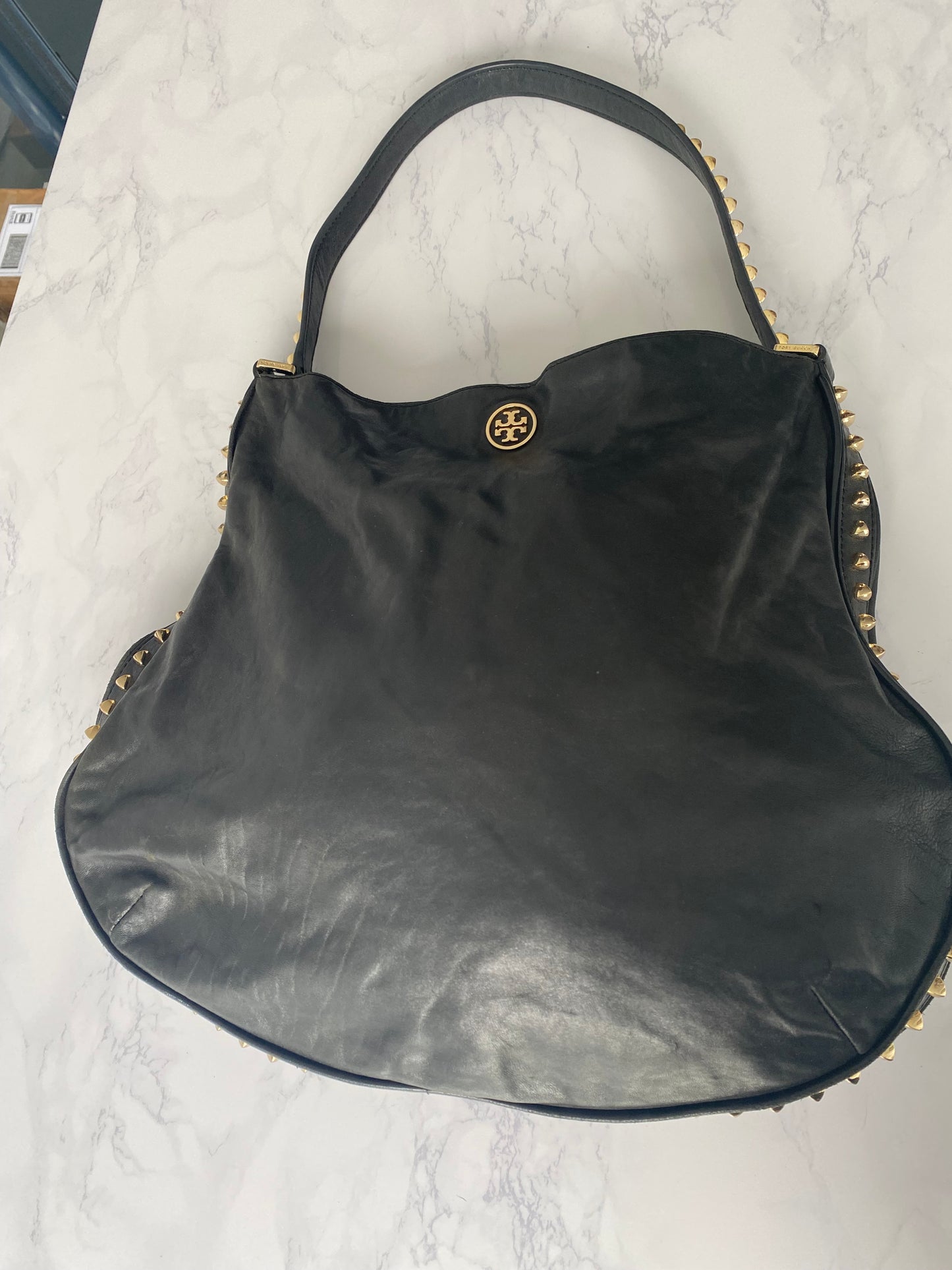 Tory Burch Black Leather Studded Hobo Handbag