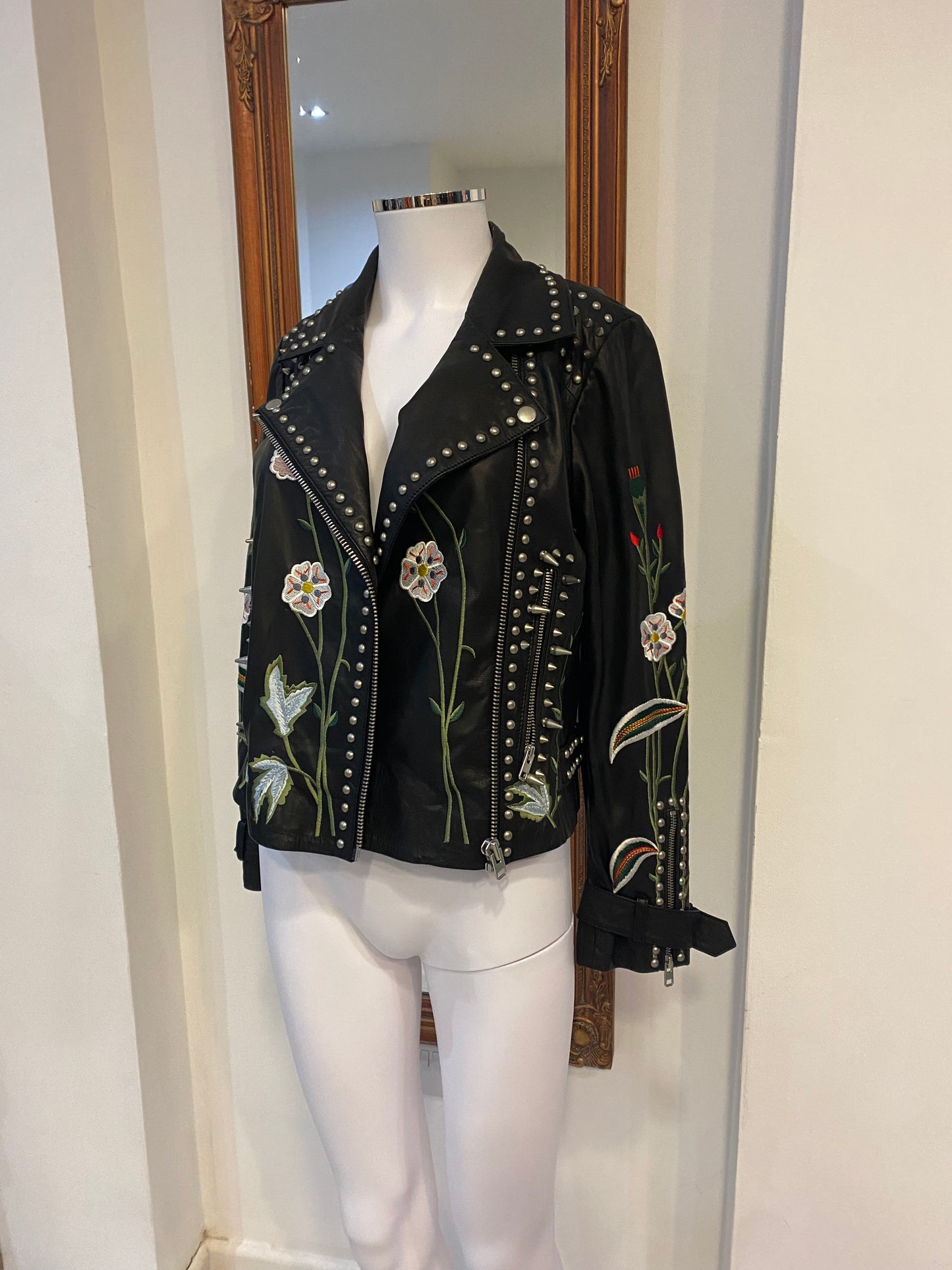 Topshop Black Leather Jacket with Floral Embroidery and Studs Size 8