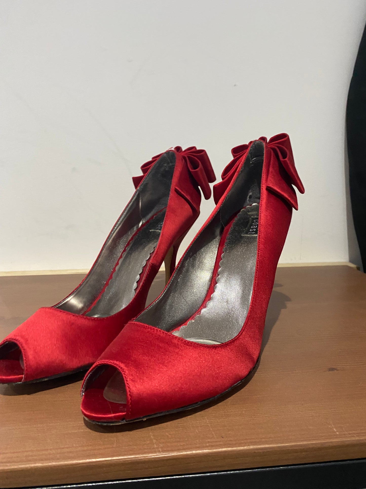 Coast Red Satin Heels with Bow Backs Size 6 with dustbag and box