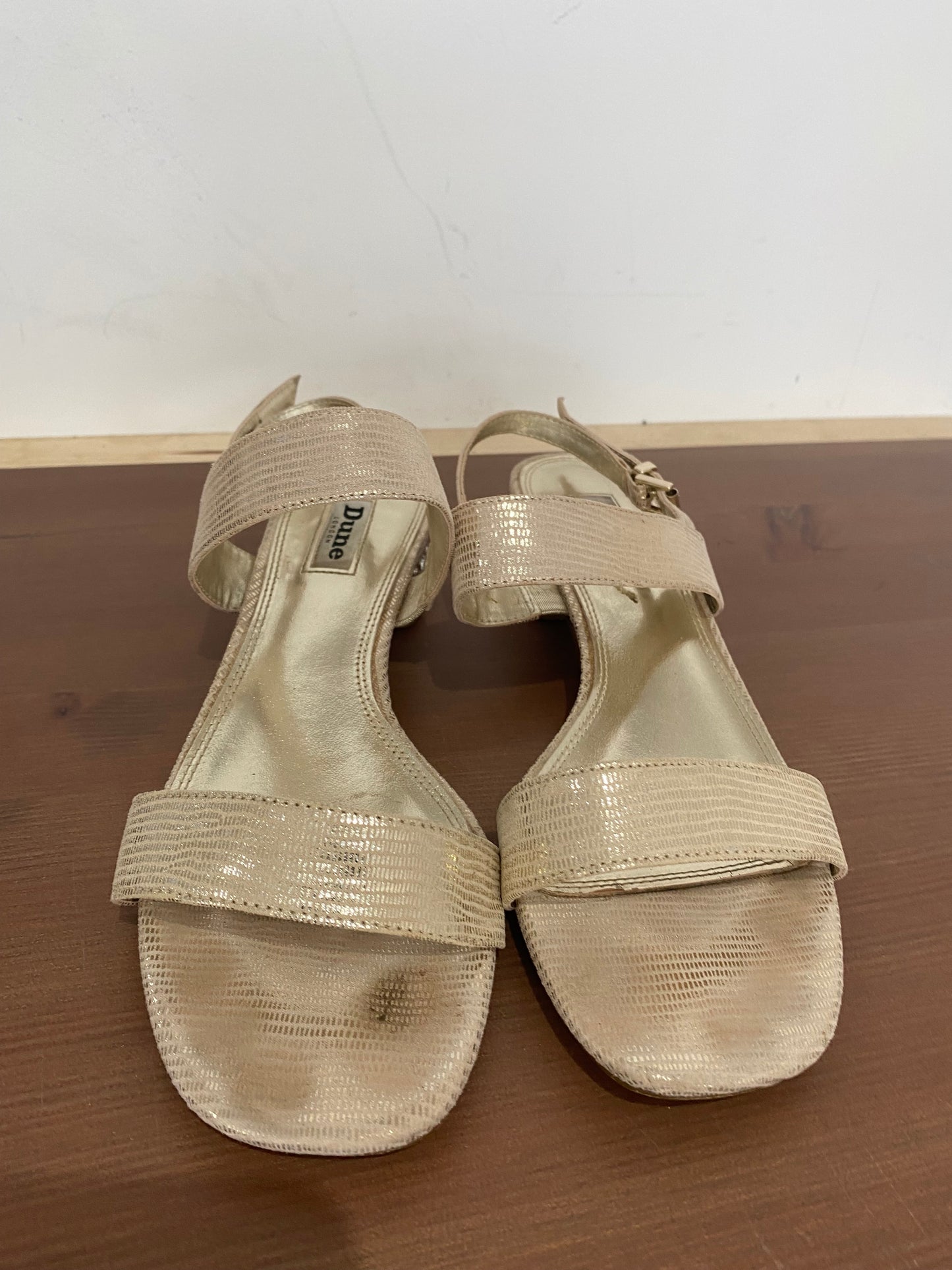 Dune Gold Shimmer Ninah Sandals with Diamante Block Heels Size 6