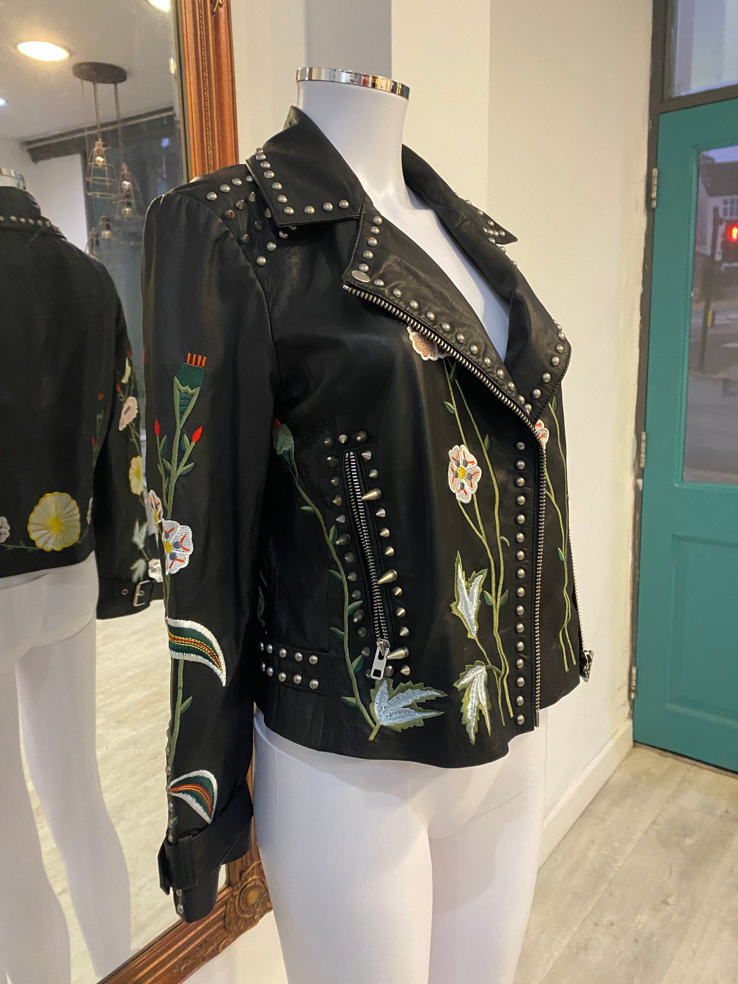 Topshop Black Leather Jacket with Floral Embroidery and Studs Size 8