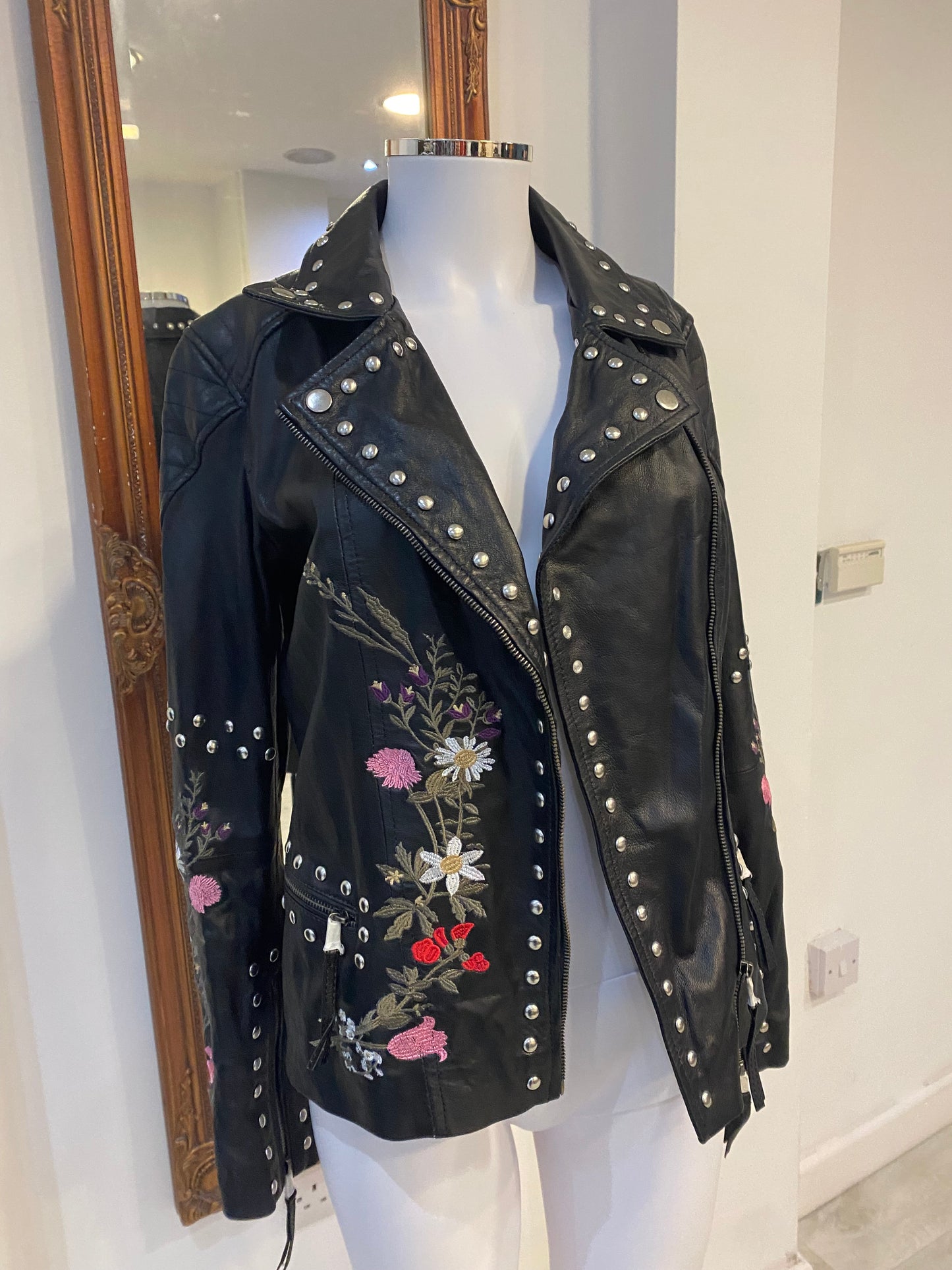 Rokoko Black Leather Jacket with Floral Embroidery and Studs Size 8-10 New with Tags