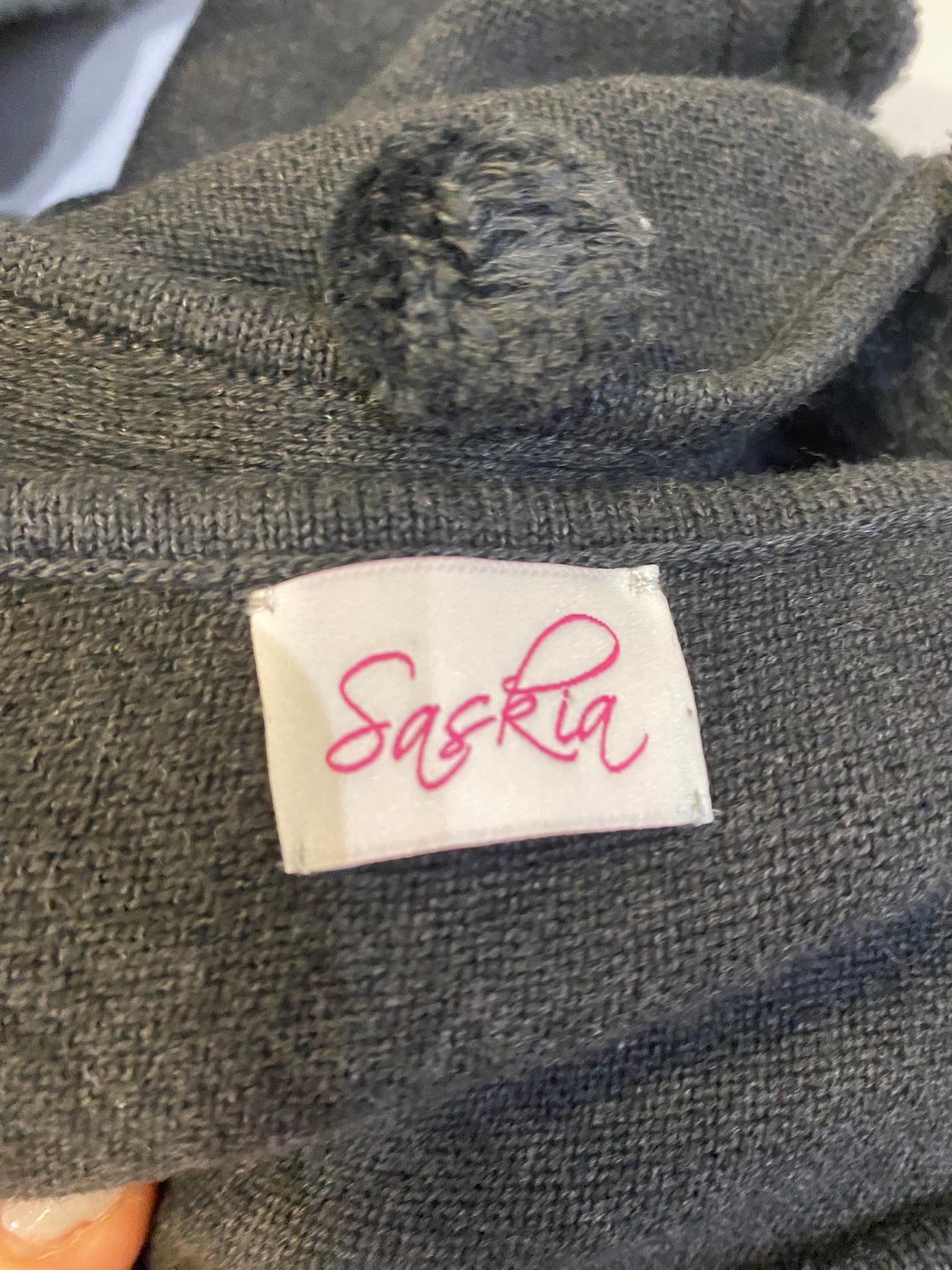 Saskia Dark Grey Knit Cape with Pom Pom Trim One Size