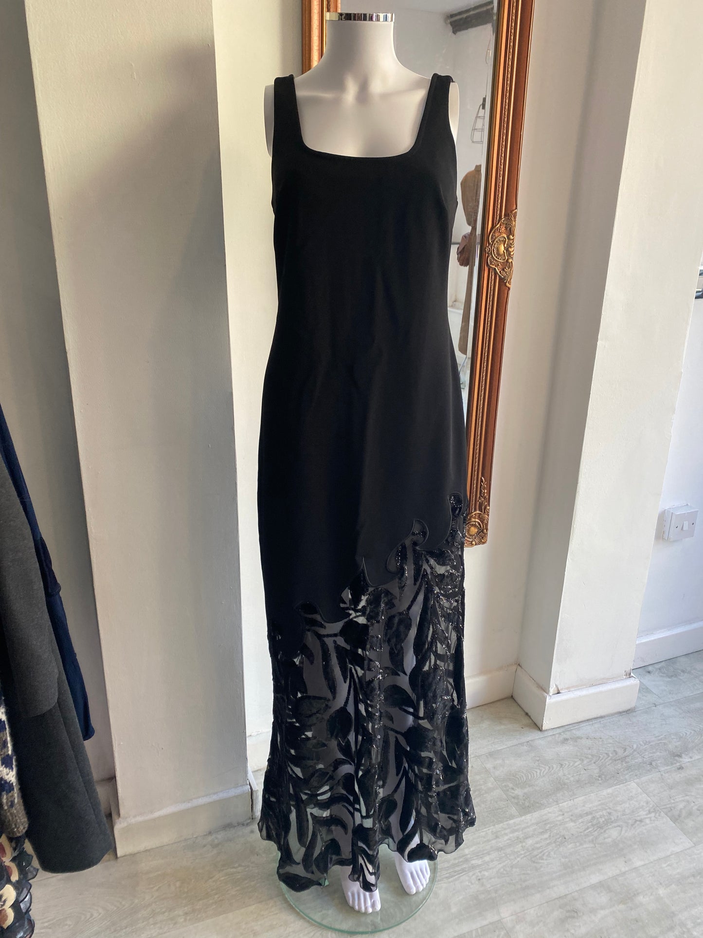 Joseph Ribkoff Black Dress with Asymmetric Mesh Panel Size 10