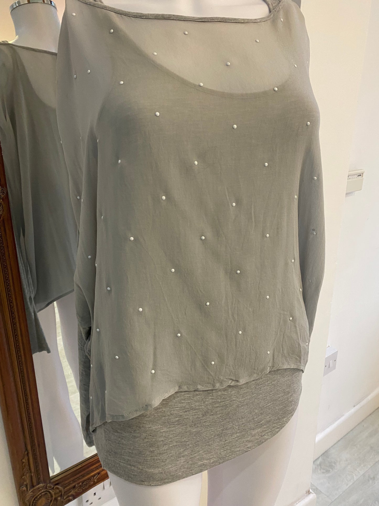 Mint Velvet Grey Top with Sheer Beaded Layer Size 8