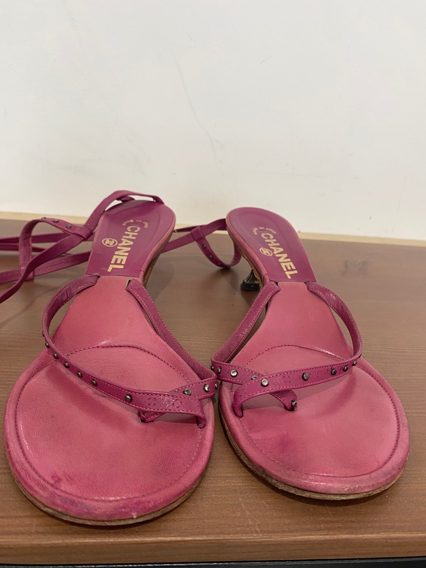 Chanel Pink Leather Sandals with Ankle Ties Size 6