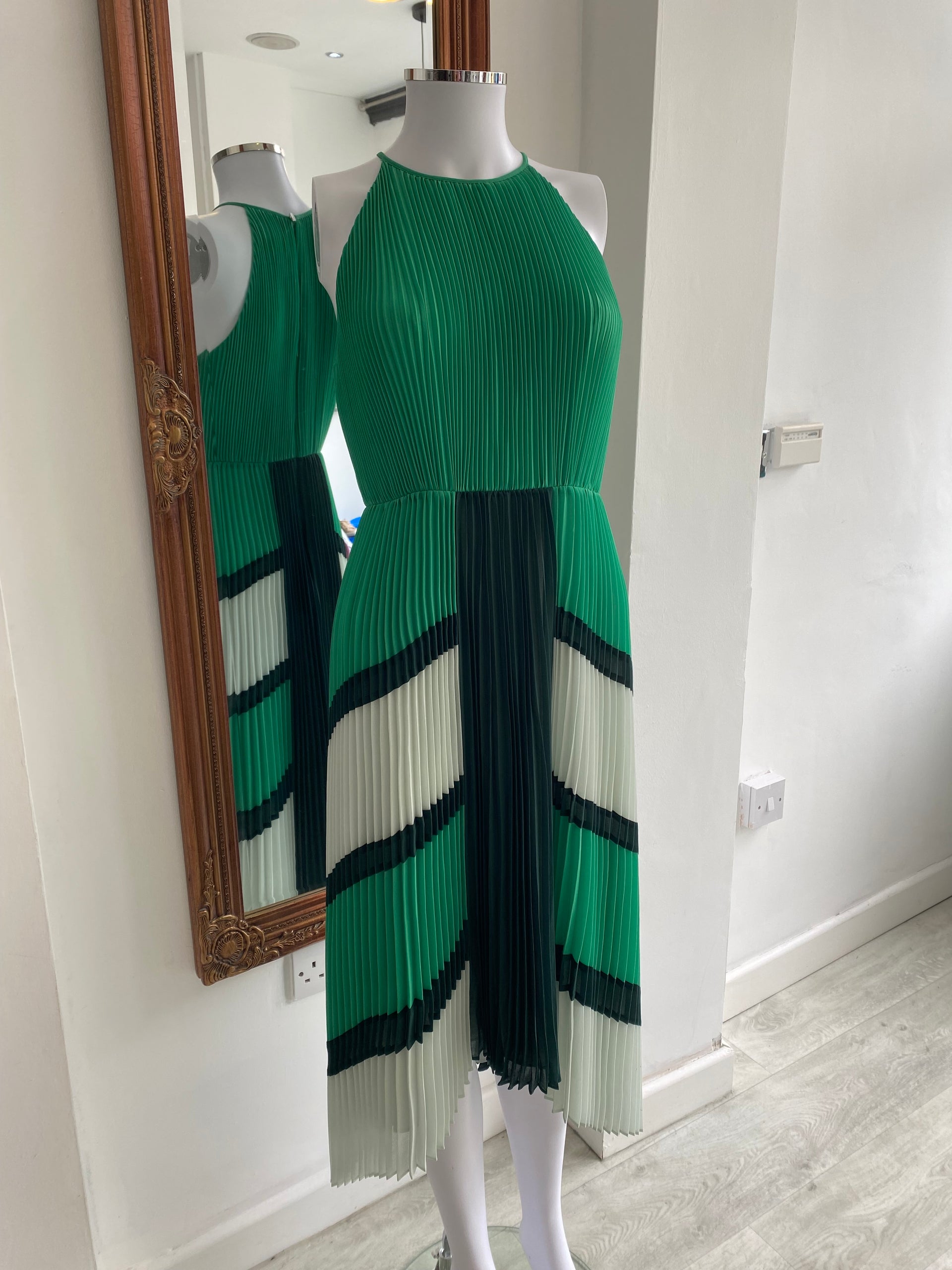 ted baker pleated dress green Ted Baker London Leaah Pleated Maxi Dress Khaki Green High Low Draped Fit Flare