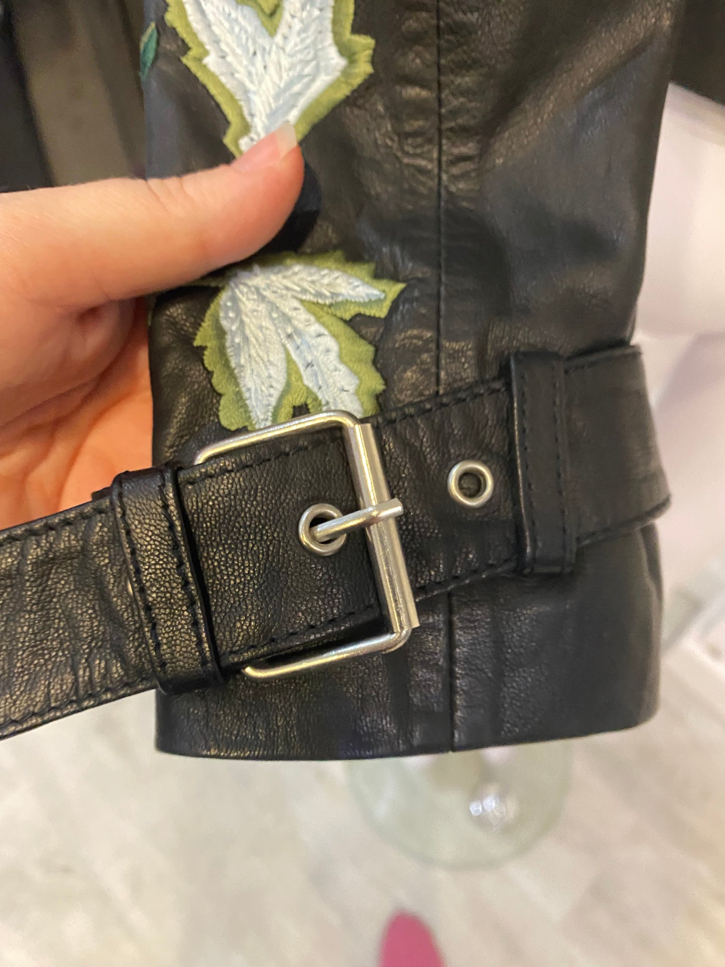 Topshop Black Leather Jacket with Floral Embroidery and Studs Size 8